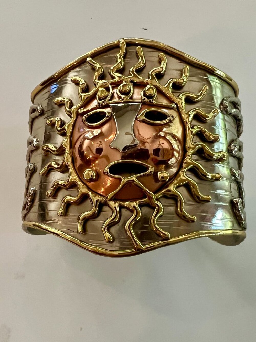 Vintage Mexican Aztec Sun Face Cuff Bracelet Copper, Brass & Nickel
